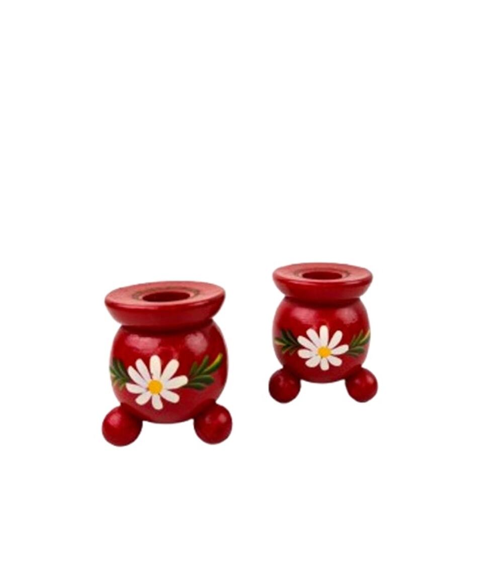 Vintage Swedish Red Candlestick Holders Wooden Flowers Hand Painted Set of 2